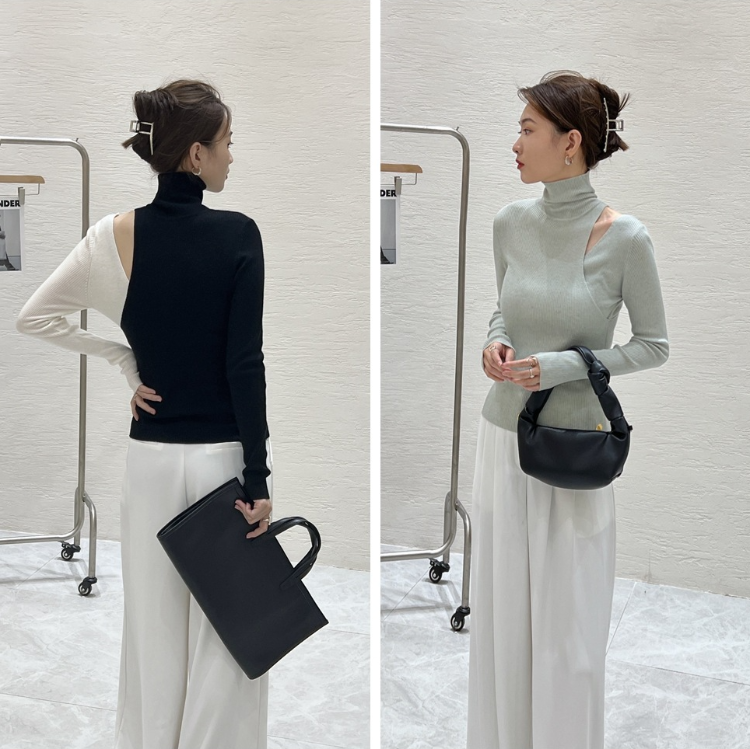 羊毛混紡假兩件高領鏤空時髦打底衫（8色）