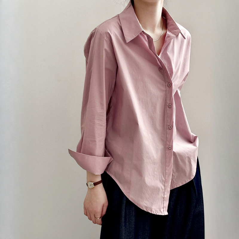 韓版簡約翻領單排扣新款不規則下擺襯衫