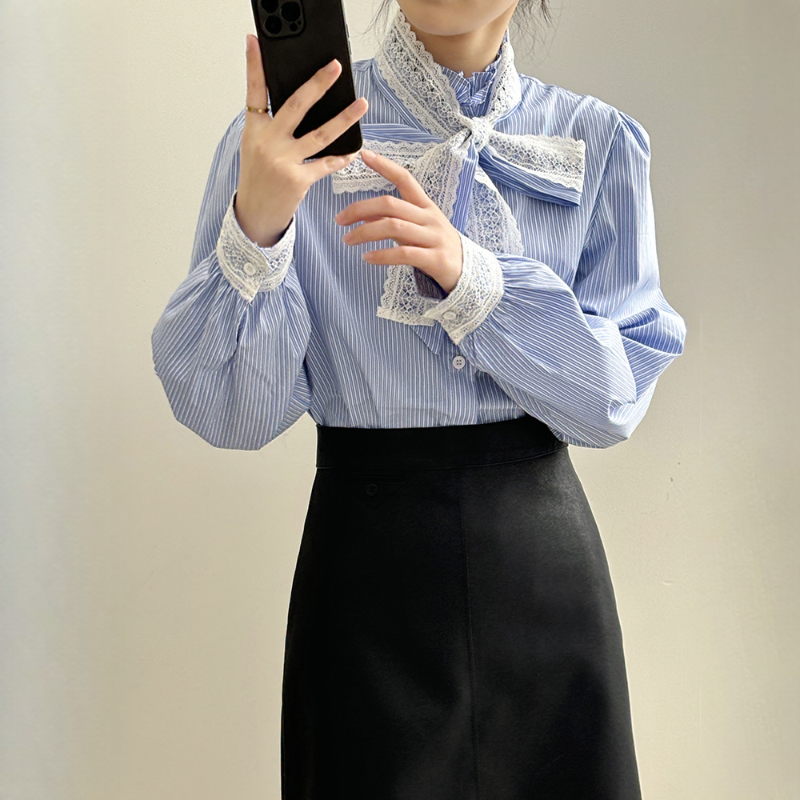 蕾絲綁帶蝴蝶結氣質寬鬆百搭條紋襯衫