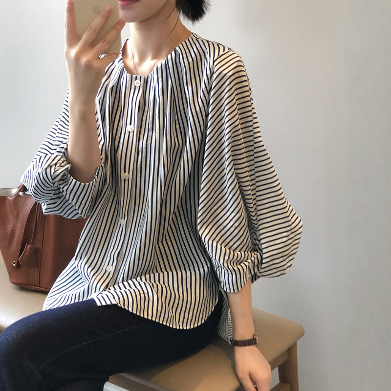 春夏新款氣質簡約圓領條紋七分袖襯衫