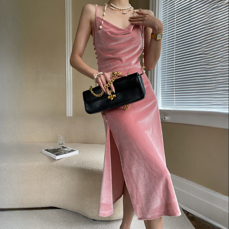 輕法式絲絨開叉設計感吊帶連衣裙