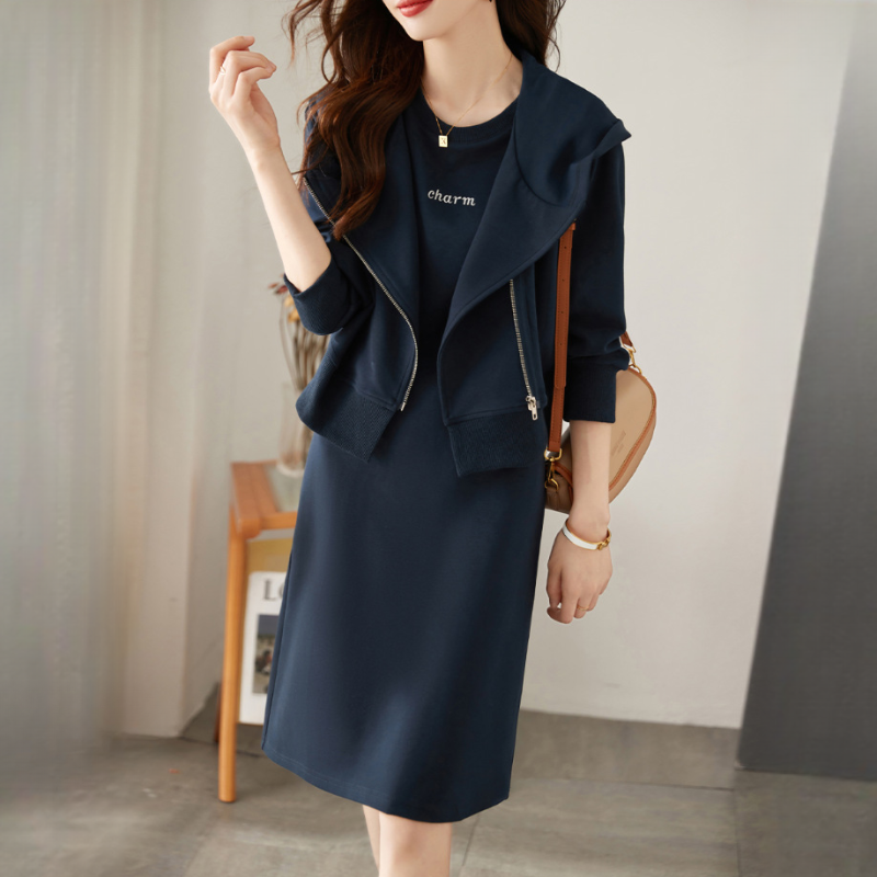 斜拉鏈連帽外套連衣裙兩件套簡約設計減齡套裝