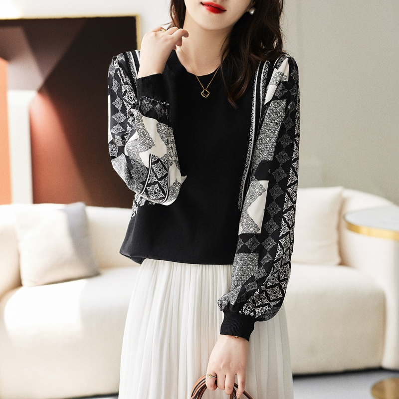 浪漫色彩圓領印花拼接袖套頭襯衫