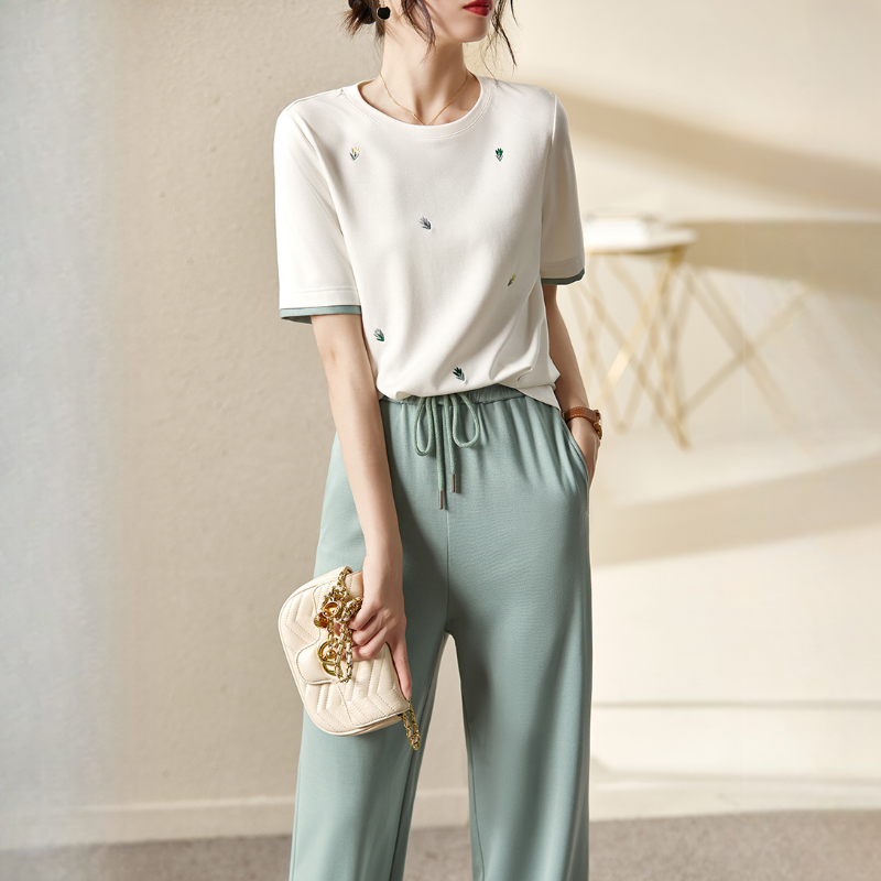 休閒運動套裝時尚洋氣減齡短袖闊腿褲兩件套