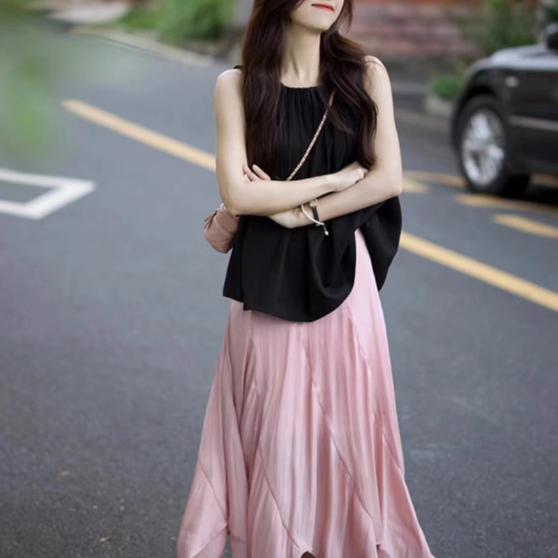 設計感黑色無袖背心+半身裙套裝