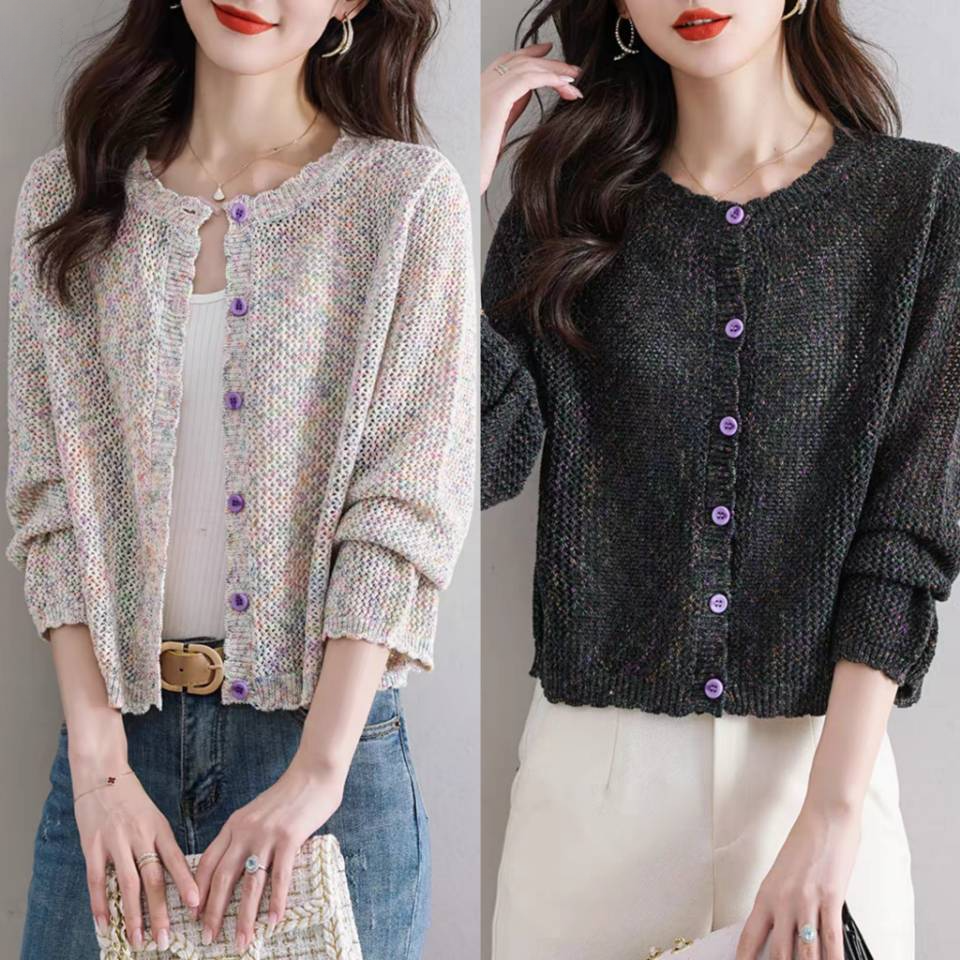 夏季薄款休閑撞色鏤空針織開衫