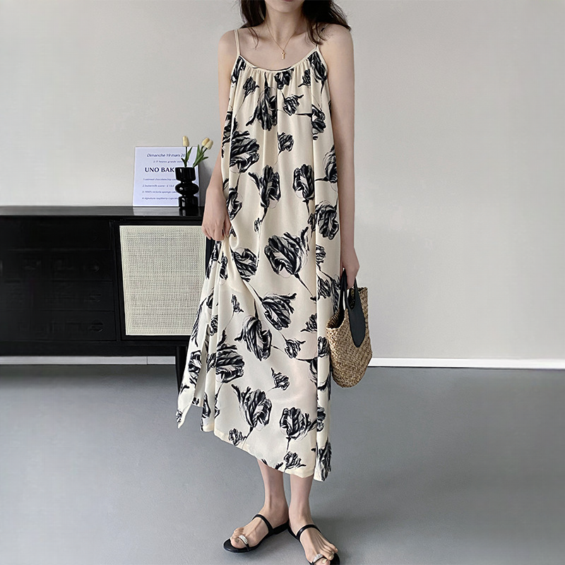 復古慵懶感水墨印花寬鬆顯瘦連衣裙