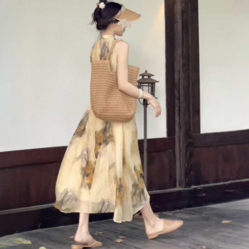 新中式天絲掛脖度假國風連衣裙