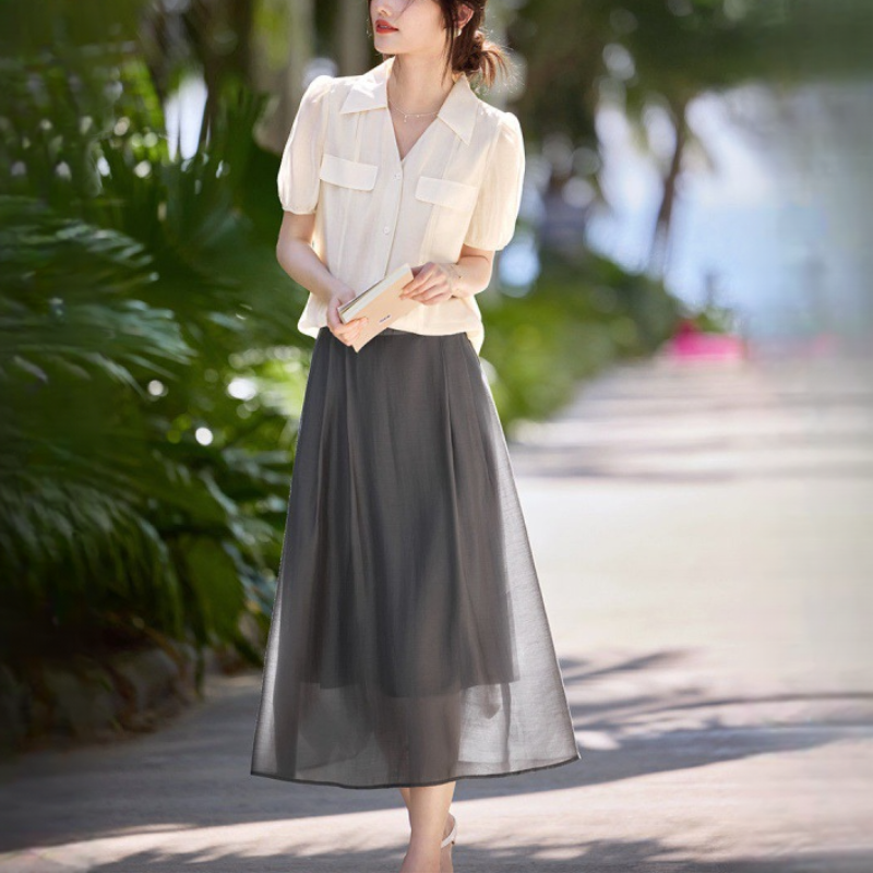 休閒套裝V領襯衫+半身裙兩件套