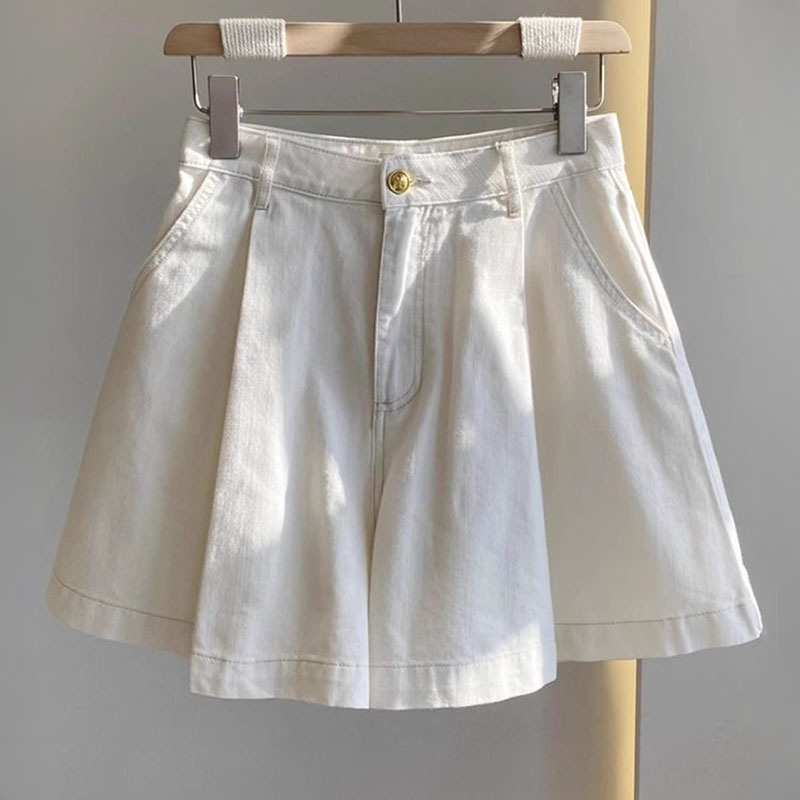 美式輕奢寬鬆高腰闊腿A字牛仔短褲