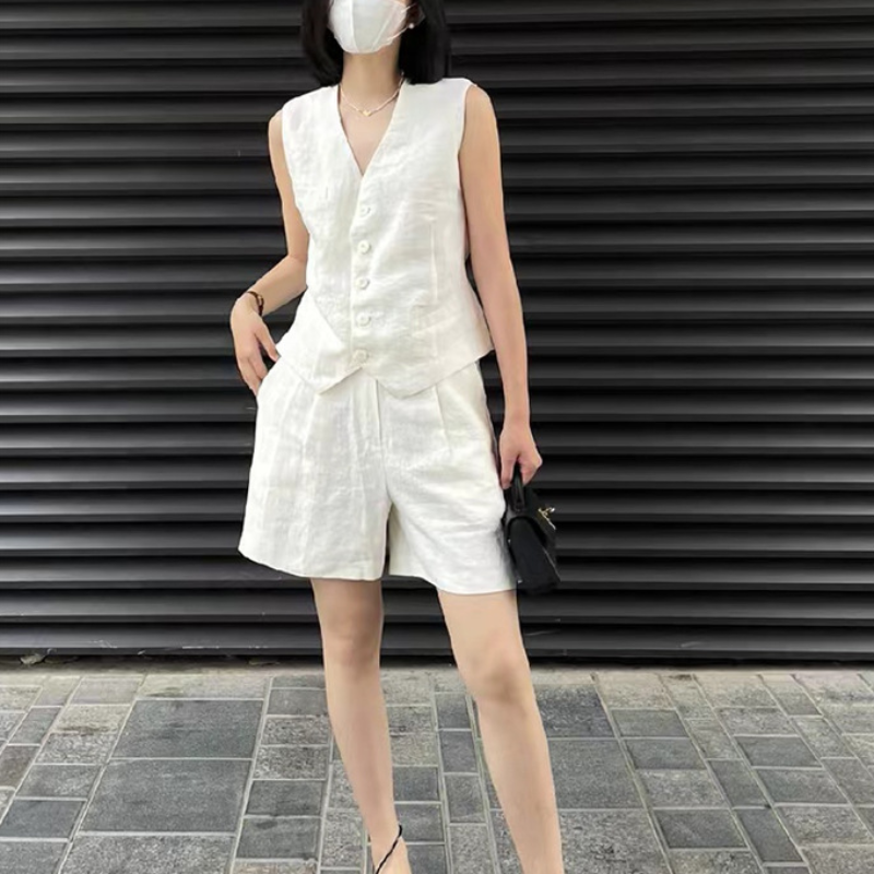 氣質時尚棉麻套裝高級感馬甲短褲兩件套