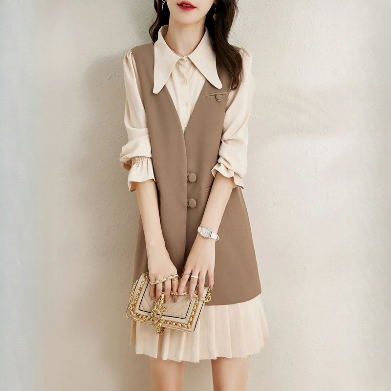 馬甲中長款長袖洋裝兩件套時尚套裝裙