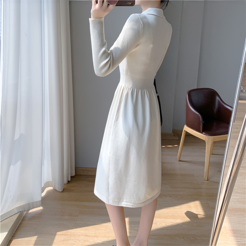 韓版氣質收腰顯瘦過膝針織毛衣裙