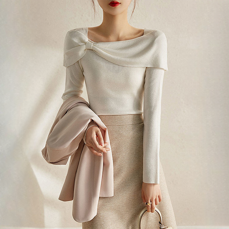 法式設計感蝴蝶結一字領毛衣