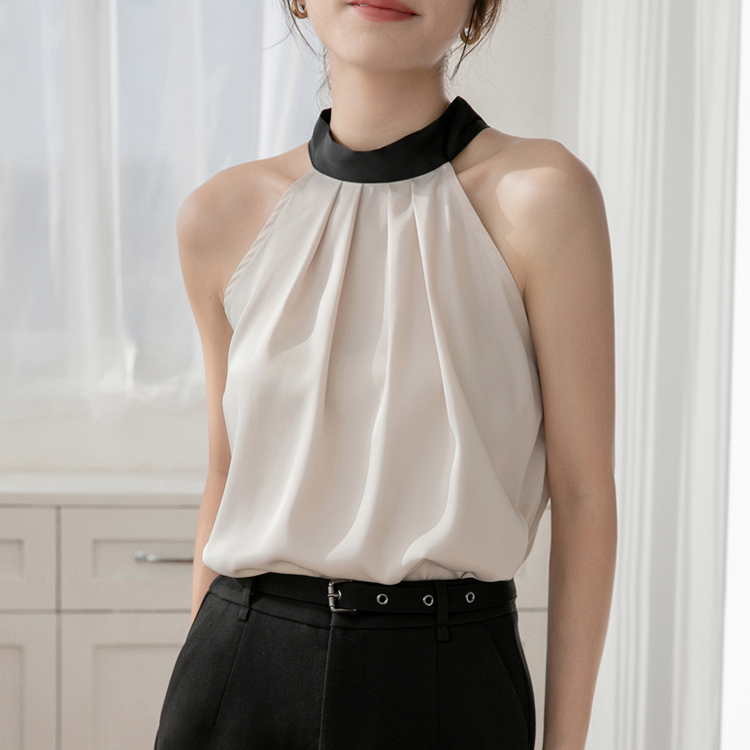 夏季掛脖撞色緞面通勤背心