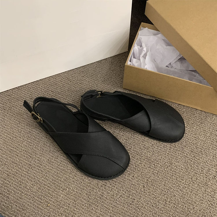 韓版復古純色平底包頭涼鞋