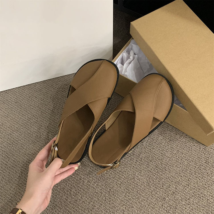 韓版復古純色平底包頭涼鞋