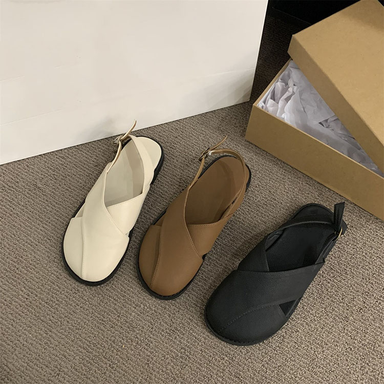 韓版復古純色平底包頭涼鞋