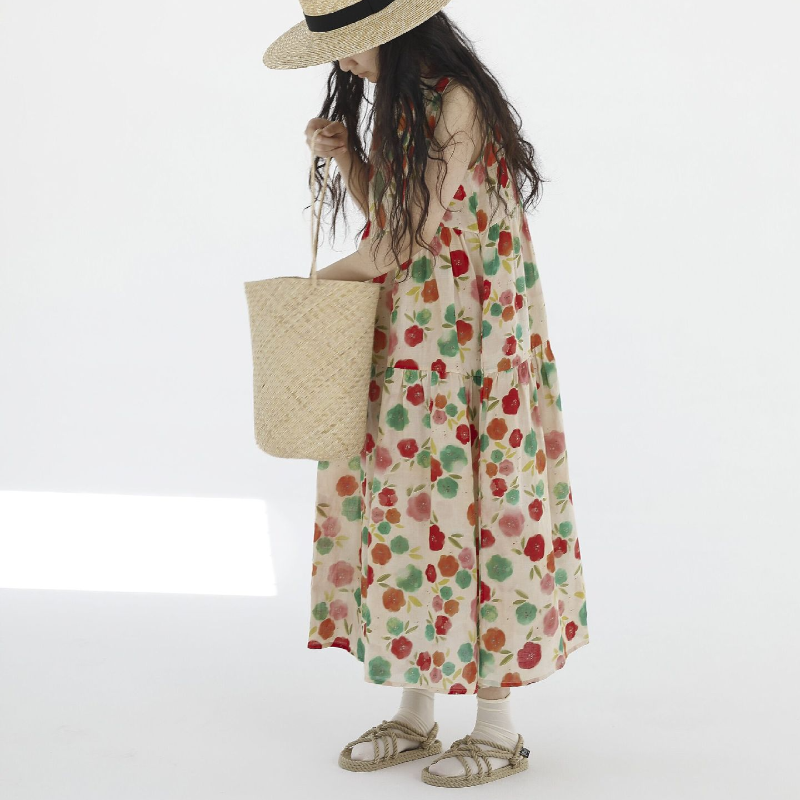 天絲苧麻復古溫柔風無袖背心碎花連衣裙