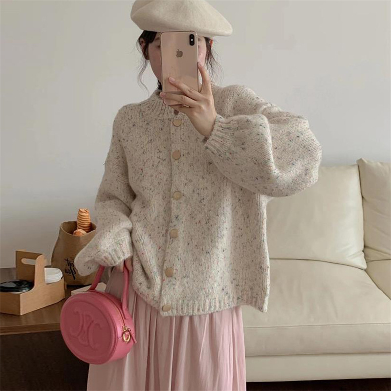 韓系混色紗線針織衫燈籠袖毛衣開襟衫