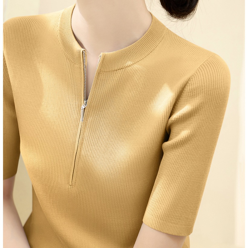 夏季正肩純色簡約拉鍊設計半開領短袖針織衫