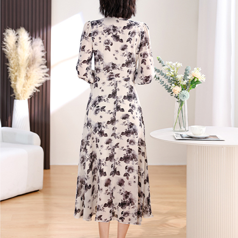 春季新款綁帶領蝴蝶結繫帶時尚優雅長裙