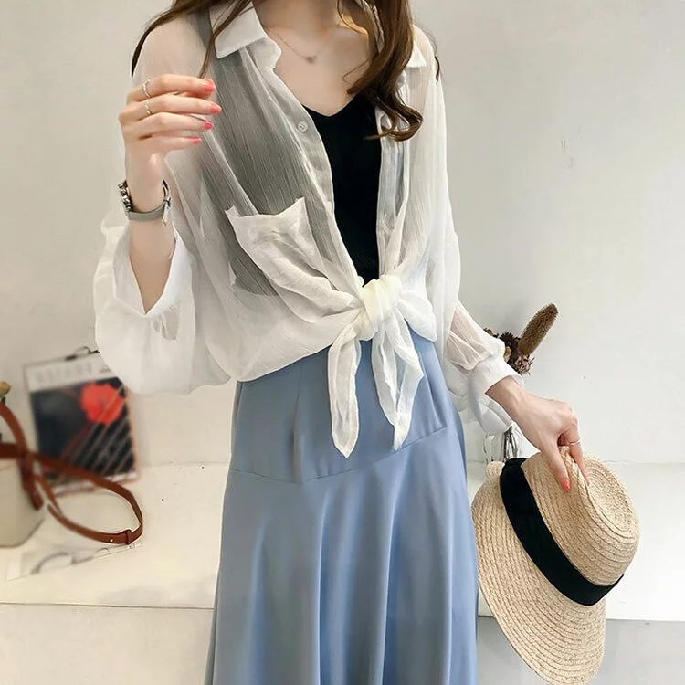 清涼飄逸感燈籠袖雪紡襯衫防曬衫（三色可選）