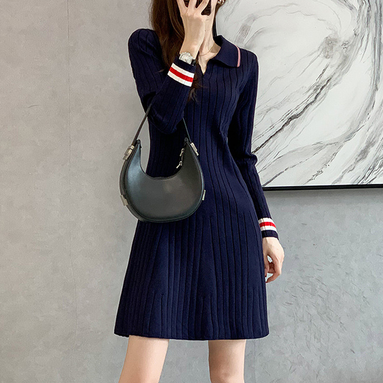 小香風修身顯瘦長袖針織連身裙