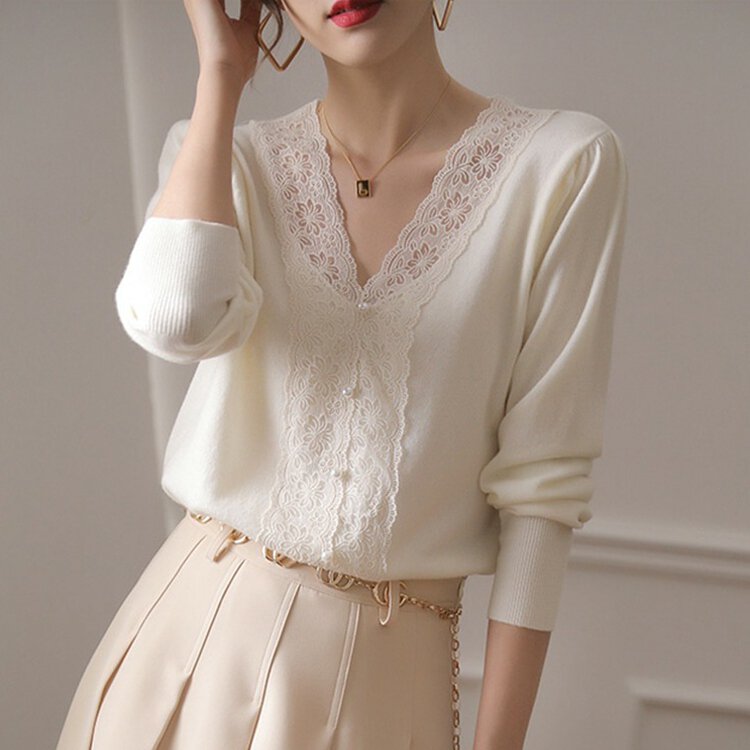 白松露V領蕾絲針織上衣
