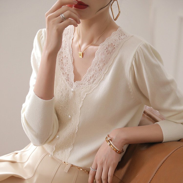 白松露V領蕾絲針織上衣