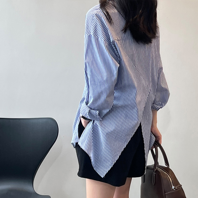 法式小眾後開叉收腰棉襯衫