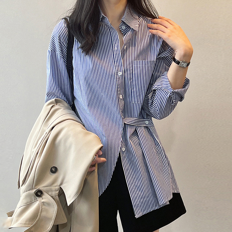 法式小眾後開叉收腰棉襯衫