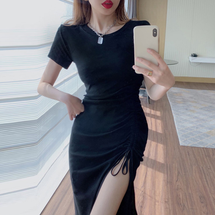 開叉抽繩純棉修身顯瘦連身裙