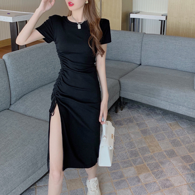 開叉抽繩純棉修身顯瘦連身裙