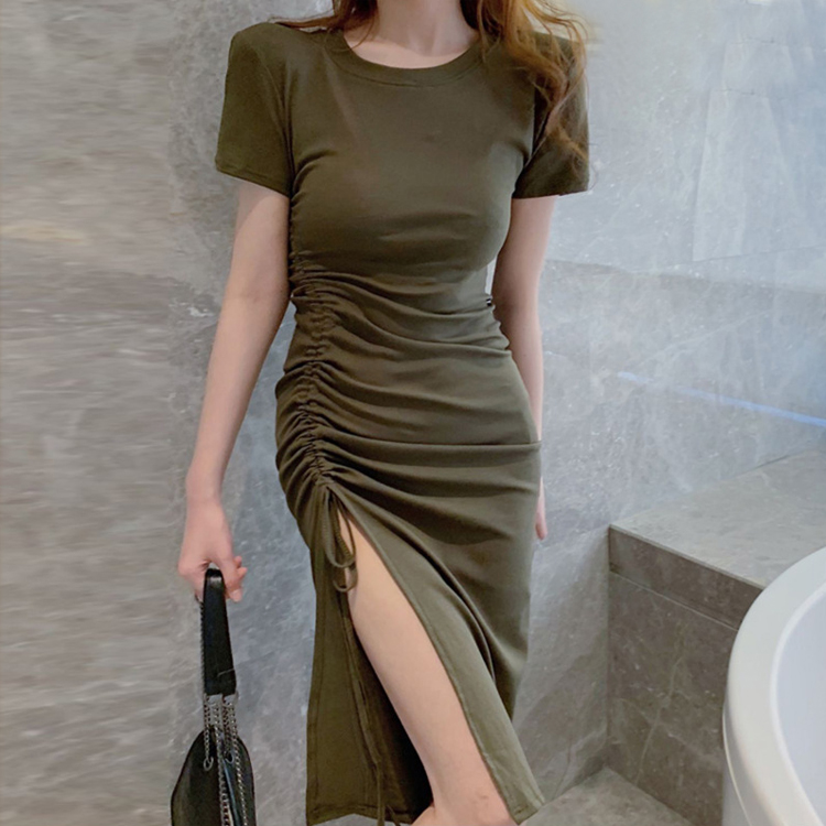 開叉抽繩純棉修身顯瘦連身裙