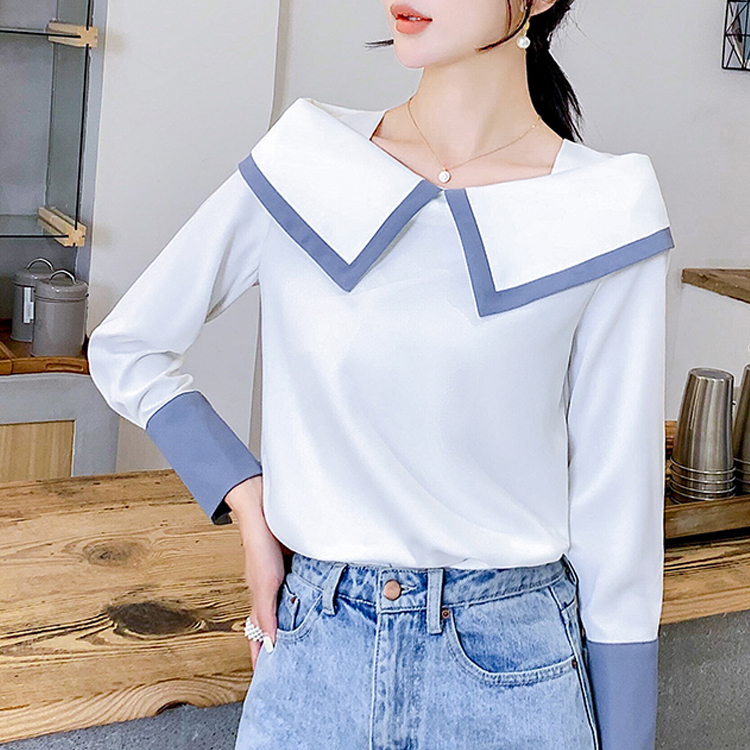 一字領撞色雪紡韓版襯衫
