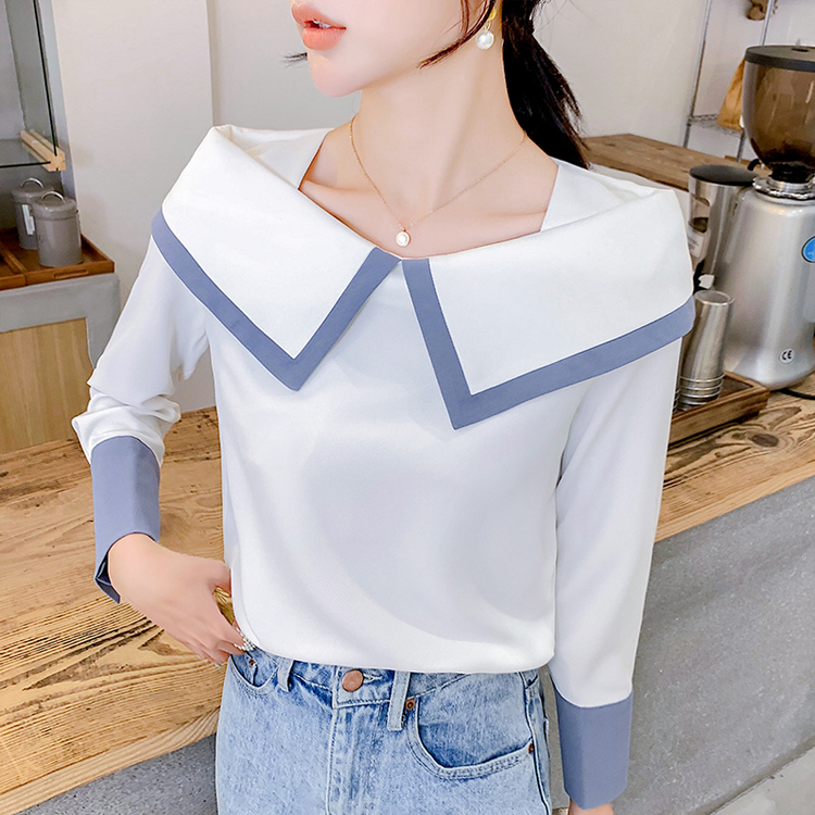 一字領撞色雪紡韓版襯衫