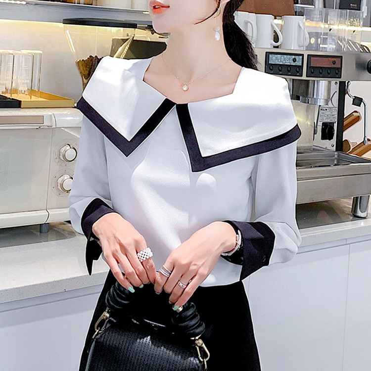 一字領撞色雪紡韓版襯衫