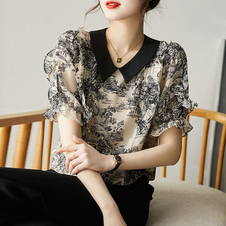 水墨五分袖壓褶拼色T恤