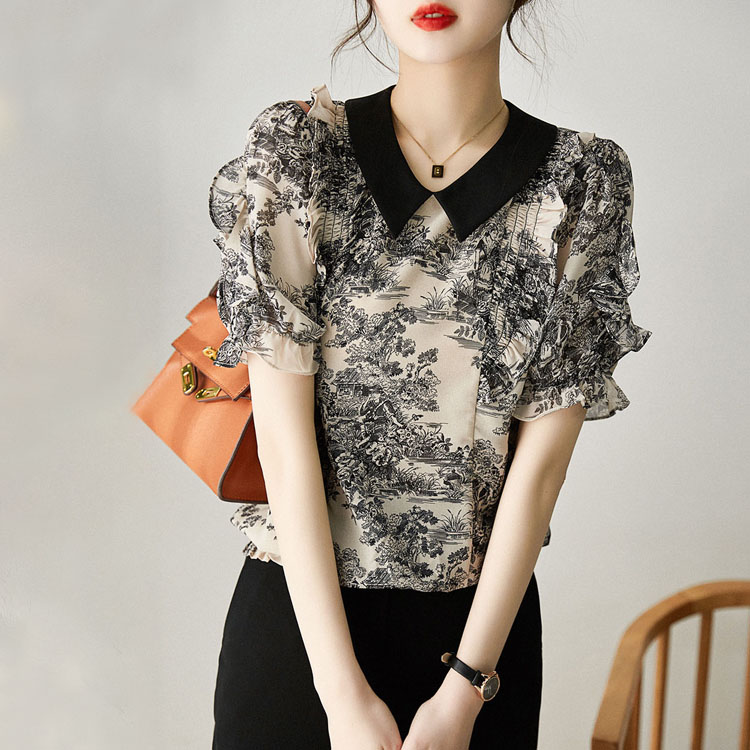 水墨五分袖壓褶拼色T恤