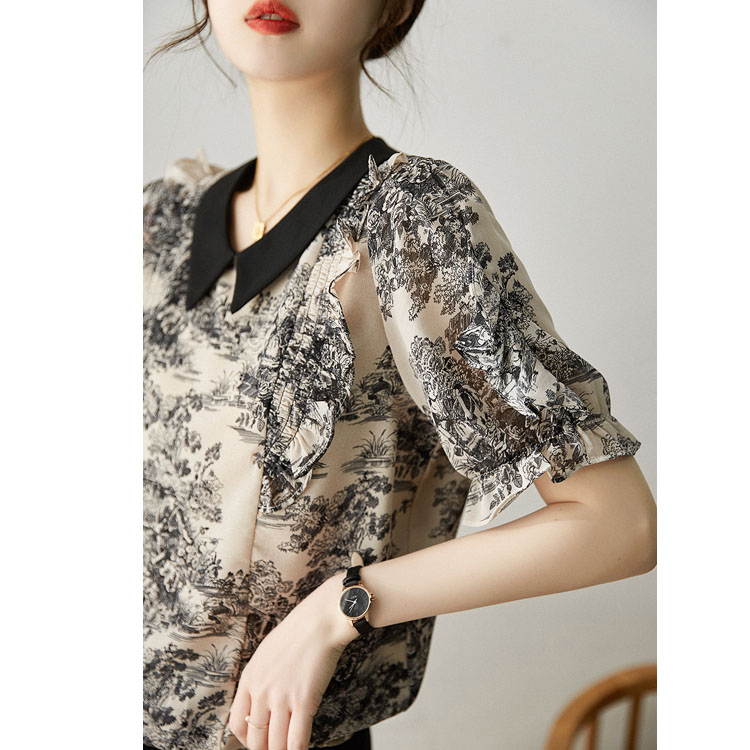 水墨五分袖壓褶拼色T恤