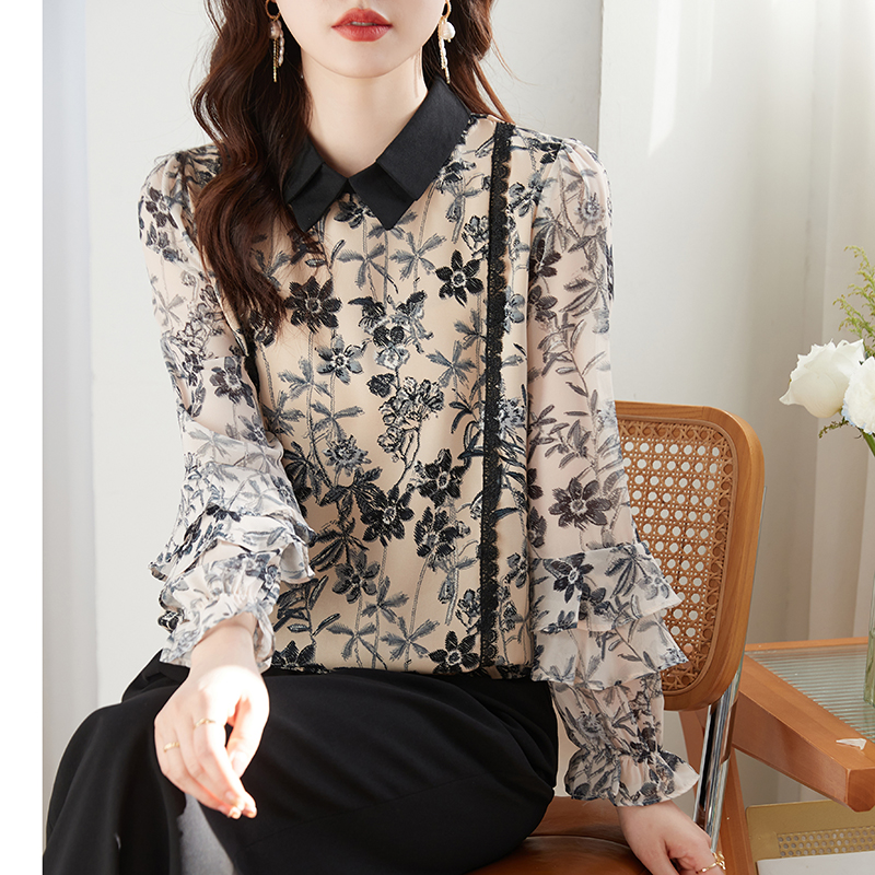 荷葉邊印花氣質優雅襯衫