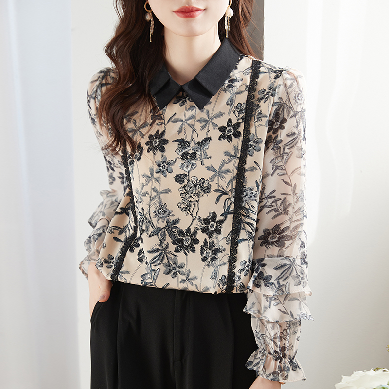 荷葉邊印花氣質優雅襯衫