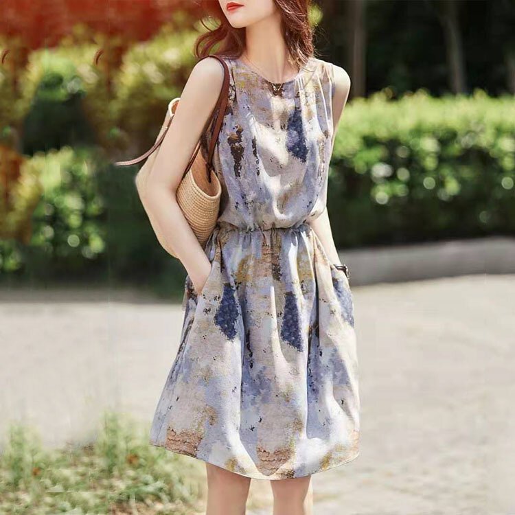 油畫質感桑蠶絲氣質連衣裙