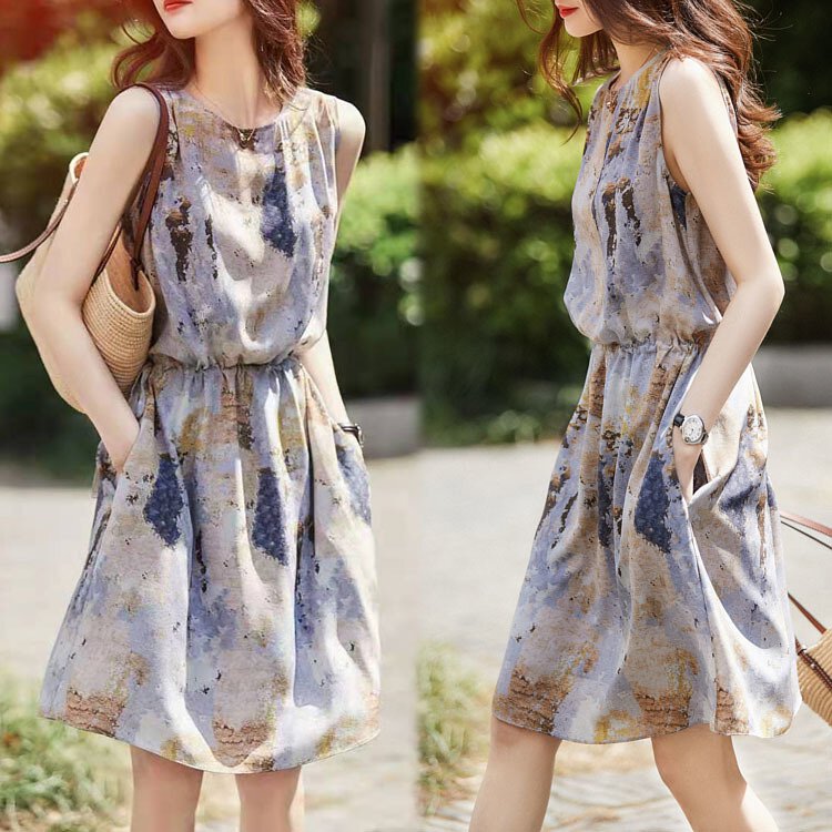 油畫質感桑蠶絲氣質連衣裙