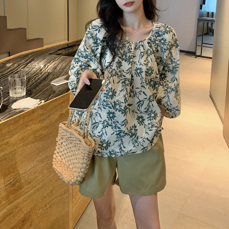 復古碎花小眾襯衫/鬆緊腰休閒短褲