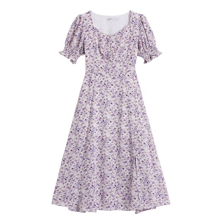 油畫紫泡泡袖碎花開叉方領連身裙
