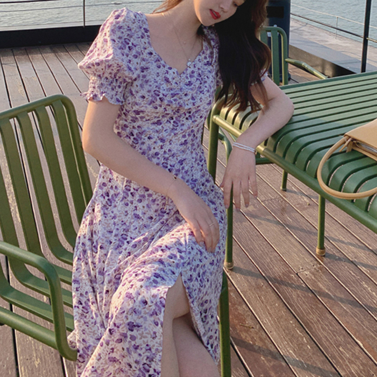 油畫紫泡泡袖碎花開叉方領連身裙