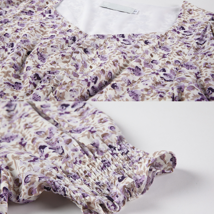 油畫紫泡泡袖碎花開叉方領連身裙