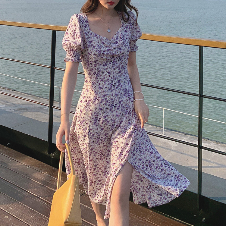 油畫紫泡泡袖碎花開叉方領連身裙